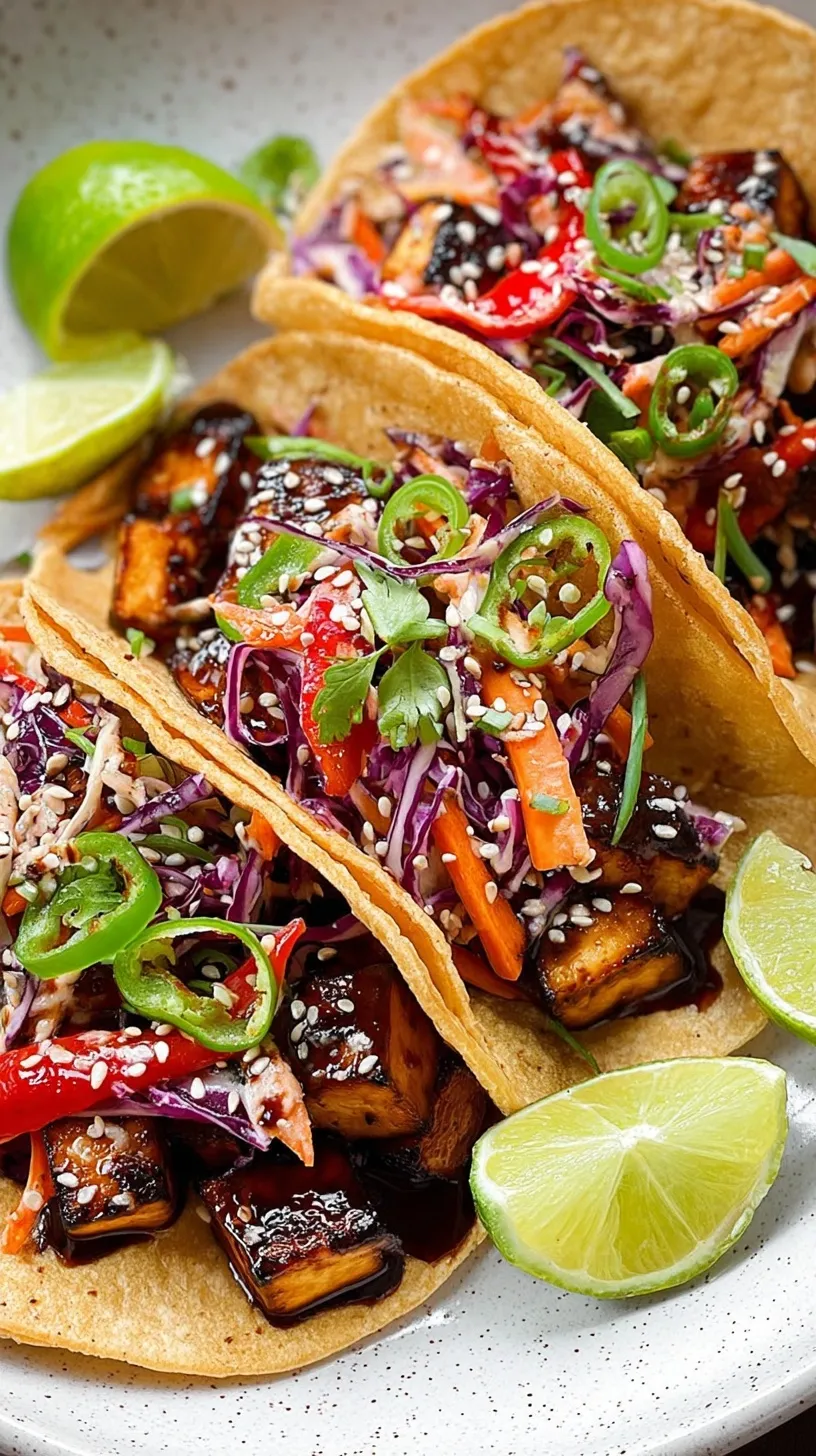 Crispy glazed Asian tofu tacos topped with pickled vegetables and cilantro on a white plate.
