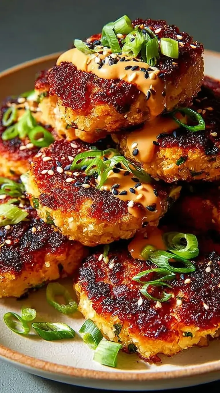 Golden brown pan-seared Asian tuna cakes served on a plate with green onions