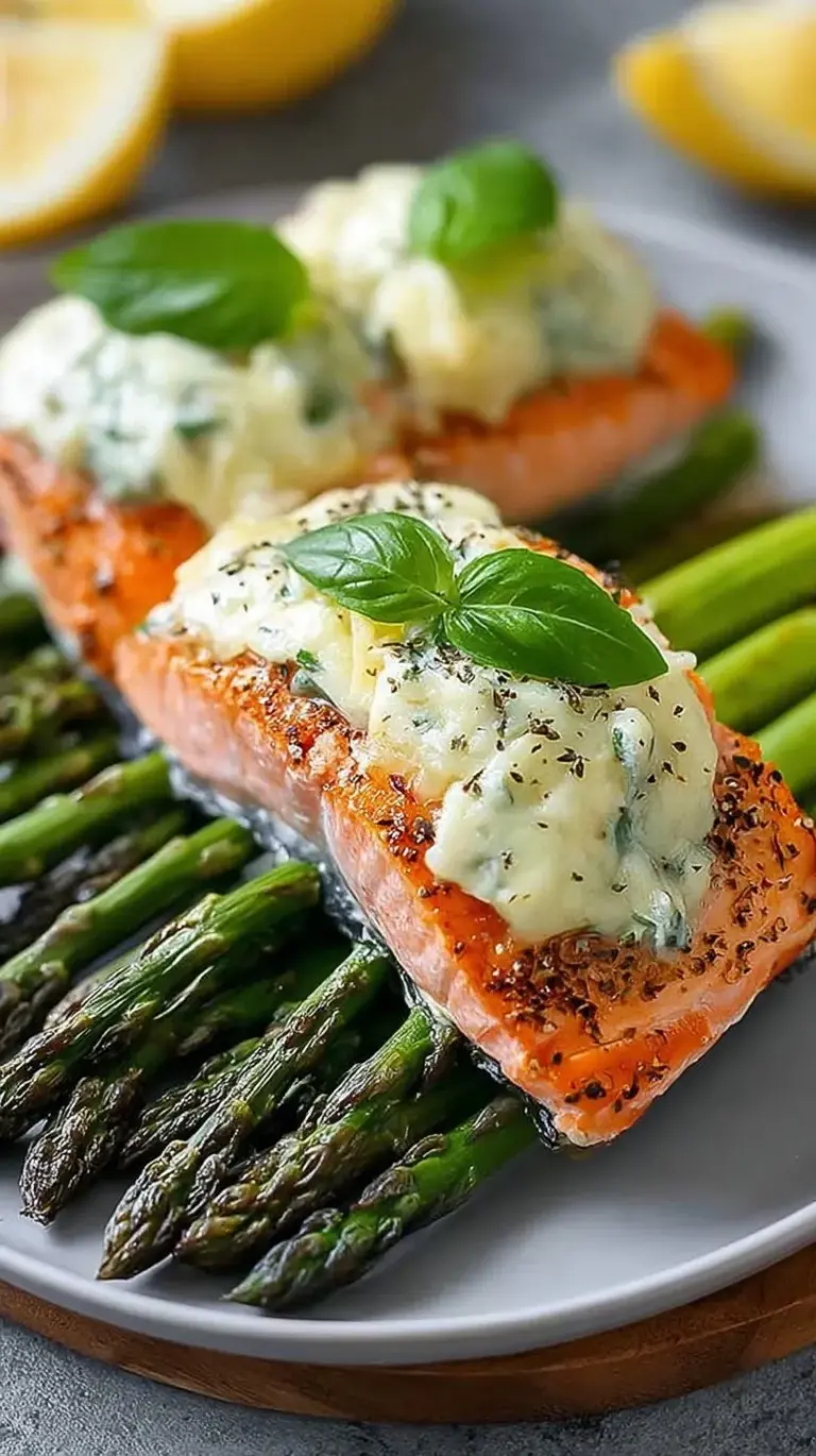Elegant salmon rolls stuffed with green asparagus spears and fresh basil