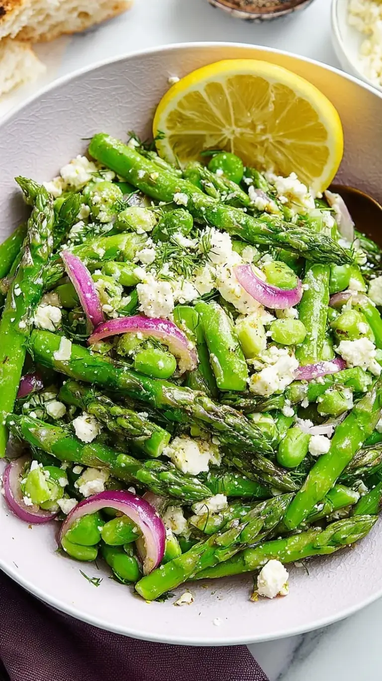 A bright green asparagus salad topped with crumbled feta cheese and toasted pine nuts on a white platter.