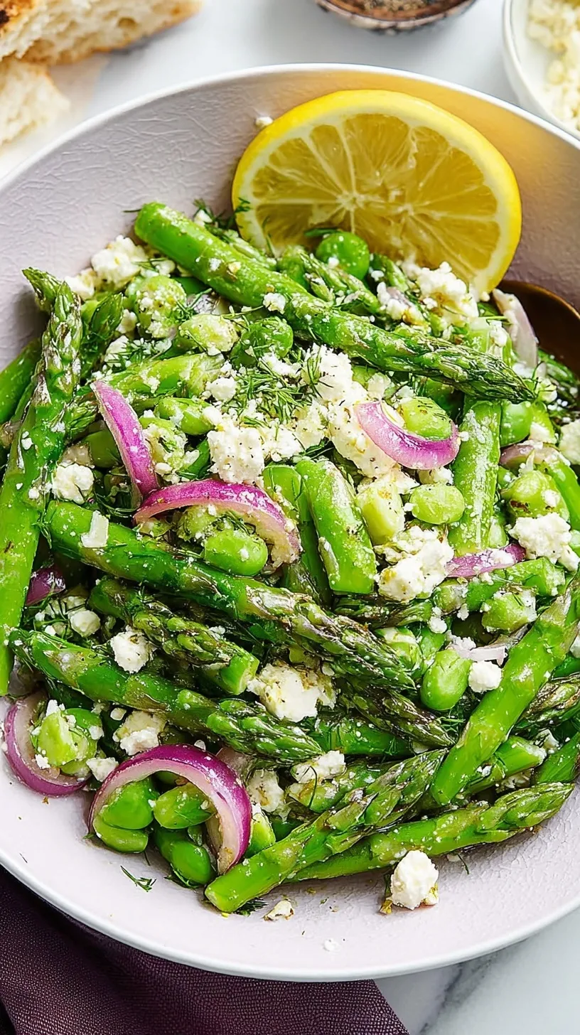 A bright green asparagus salad topped with crumbled feta cheese and toasted pine nuts on a white platter.