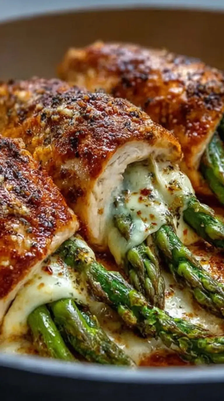 Pan-seared golden chicken breast stuffed with fresh green asparagus and melted cheese.