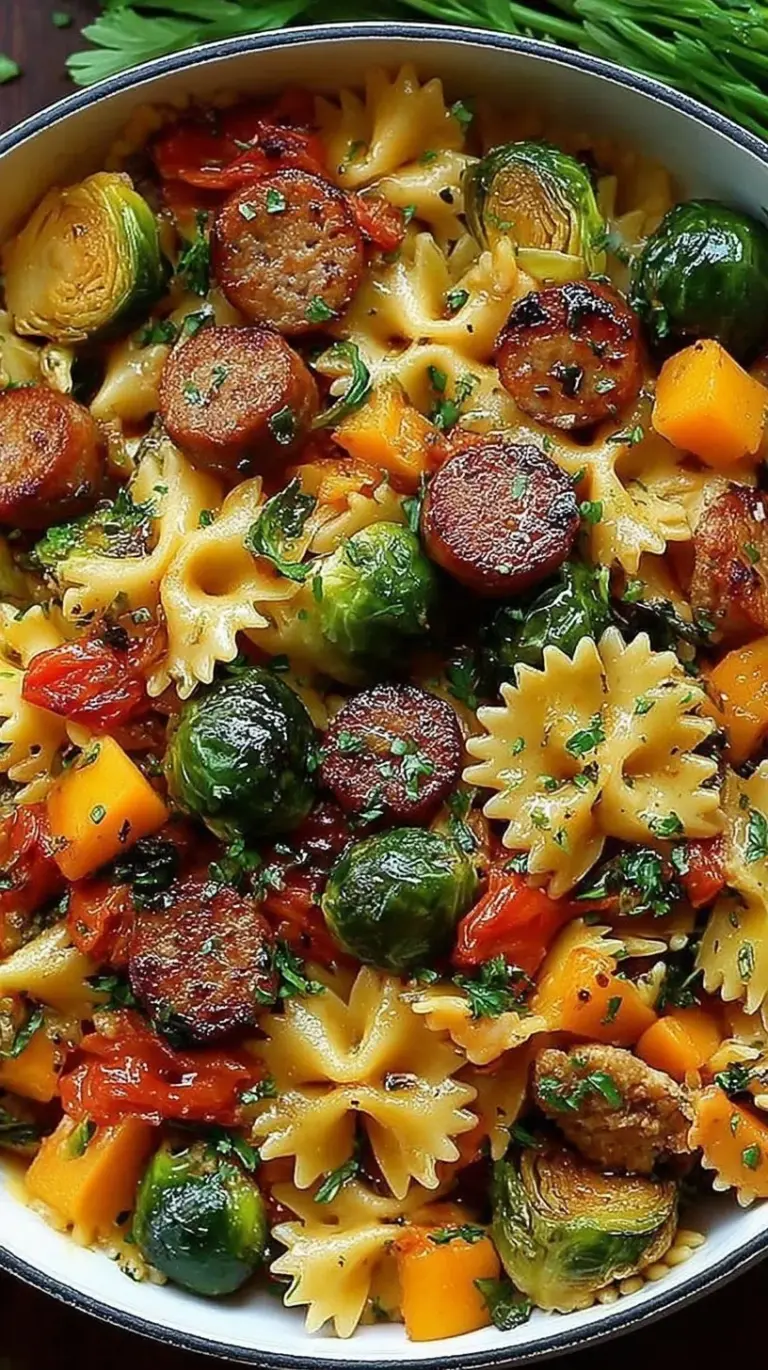 A bowl of orecchiette pasta with browned sausage crumbles and golden caramelized Brussels sprouts topped with parmesan cheese.