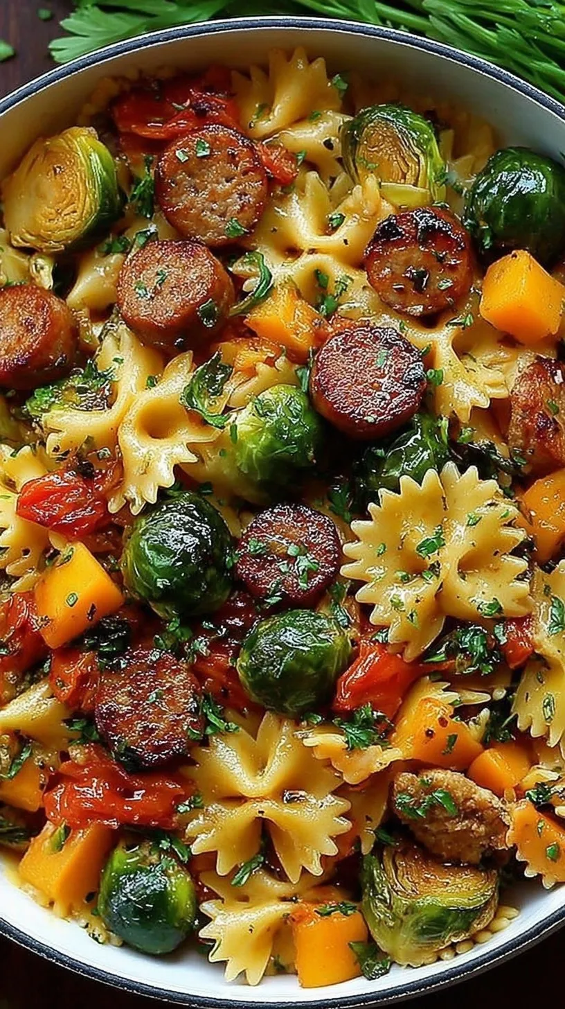 A bowl of orecchiette pasta with browned sausage crumbles and golden caramelized Brussels sprouts topped with parmesan cheese.