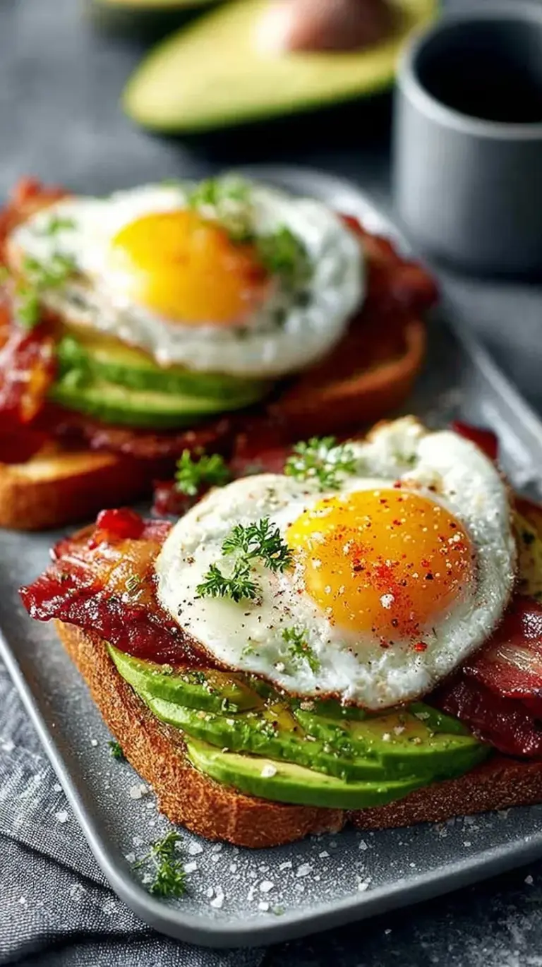 A slice of toasted sourdough topped with mashed avocado, crispy bacon, and a sunny-side-up fried egg.