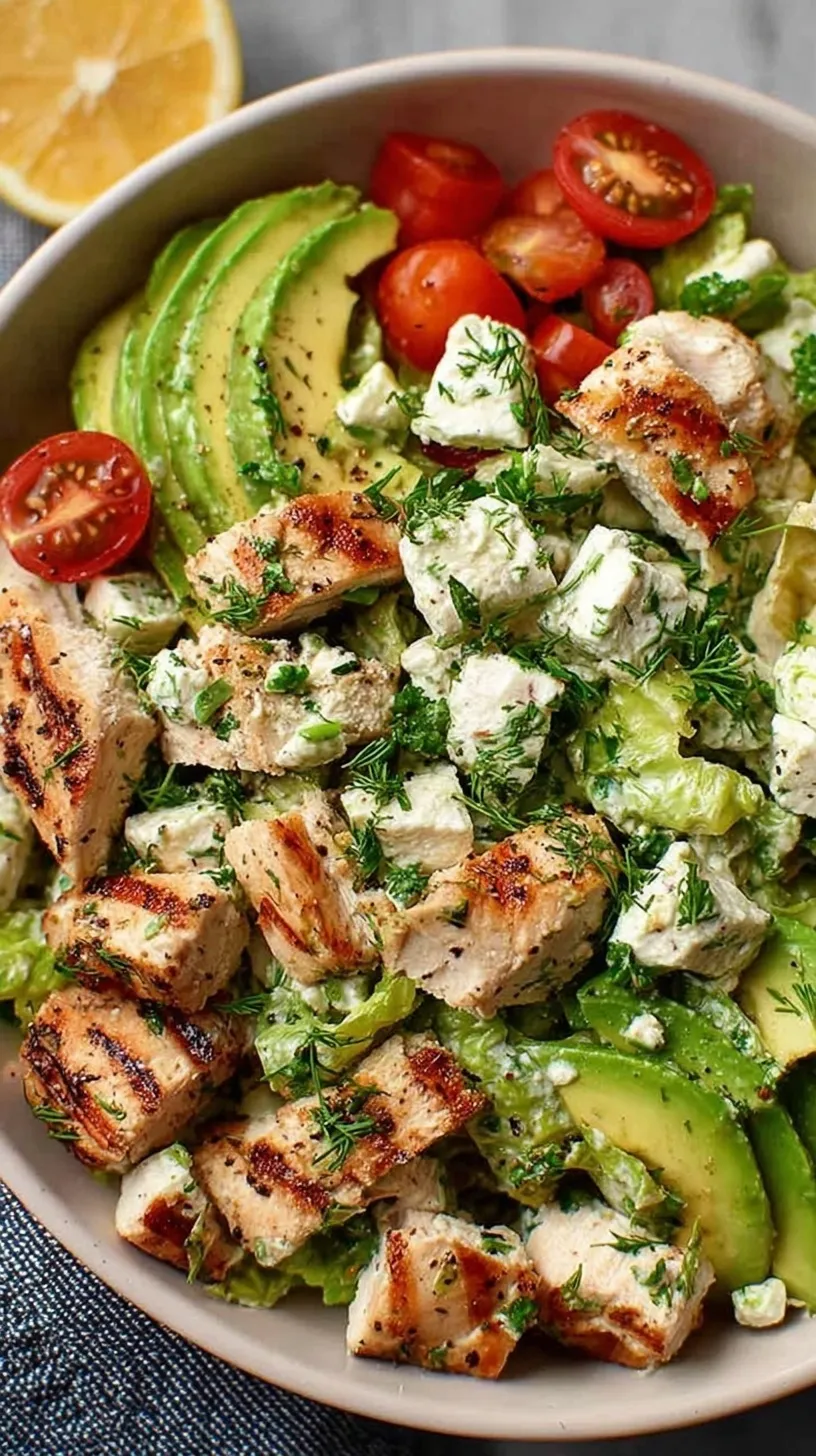 A bowl of creamy avocado chicken salad with fresh cilantro and red onion