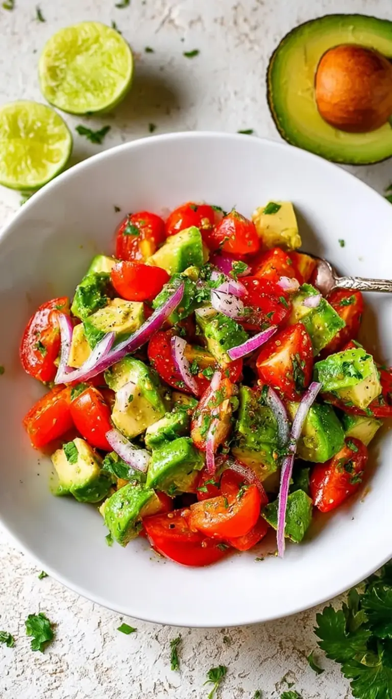 A bright bowl of classic avocado salad with tomatoes, cucumbers, and red onions