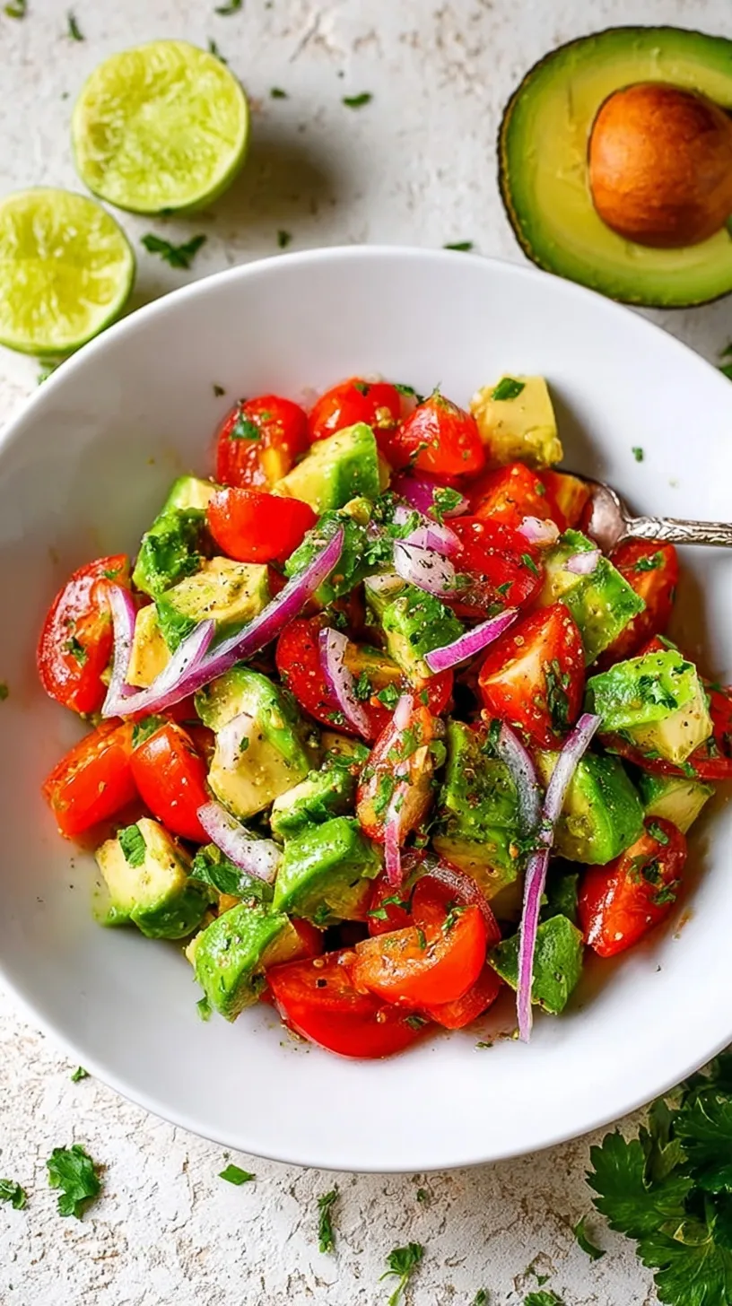 A bright bowl of classic avocado salad with tomatoes, cucumbers, and red onions