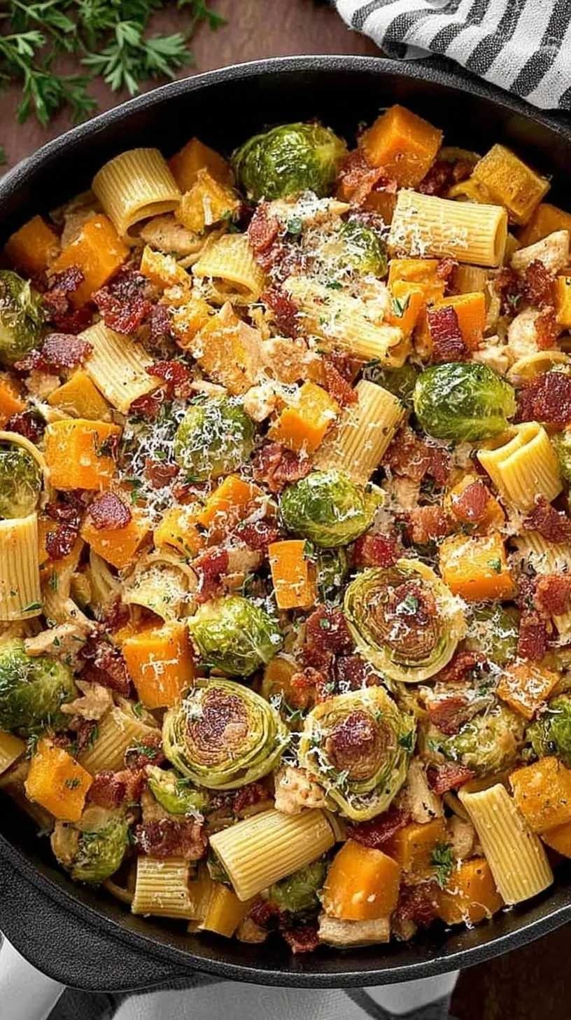 A bowl of penne pasta with roasted butternut squash, charred Brussels sprouts, and golden chicken pieces.