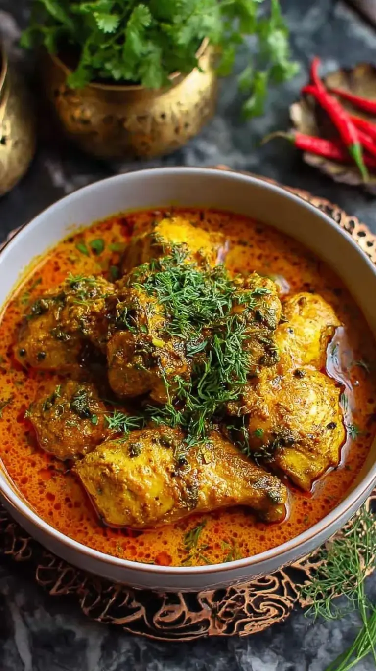 A bowl of creamy Badami chicken curry garnished with fried onions and cilantro