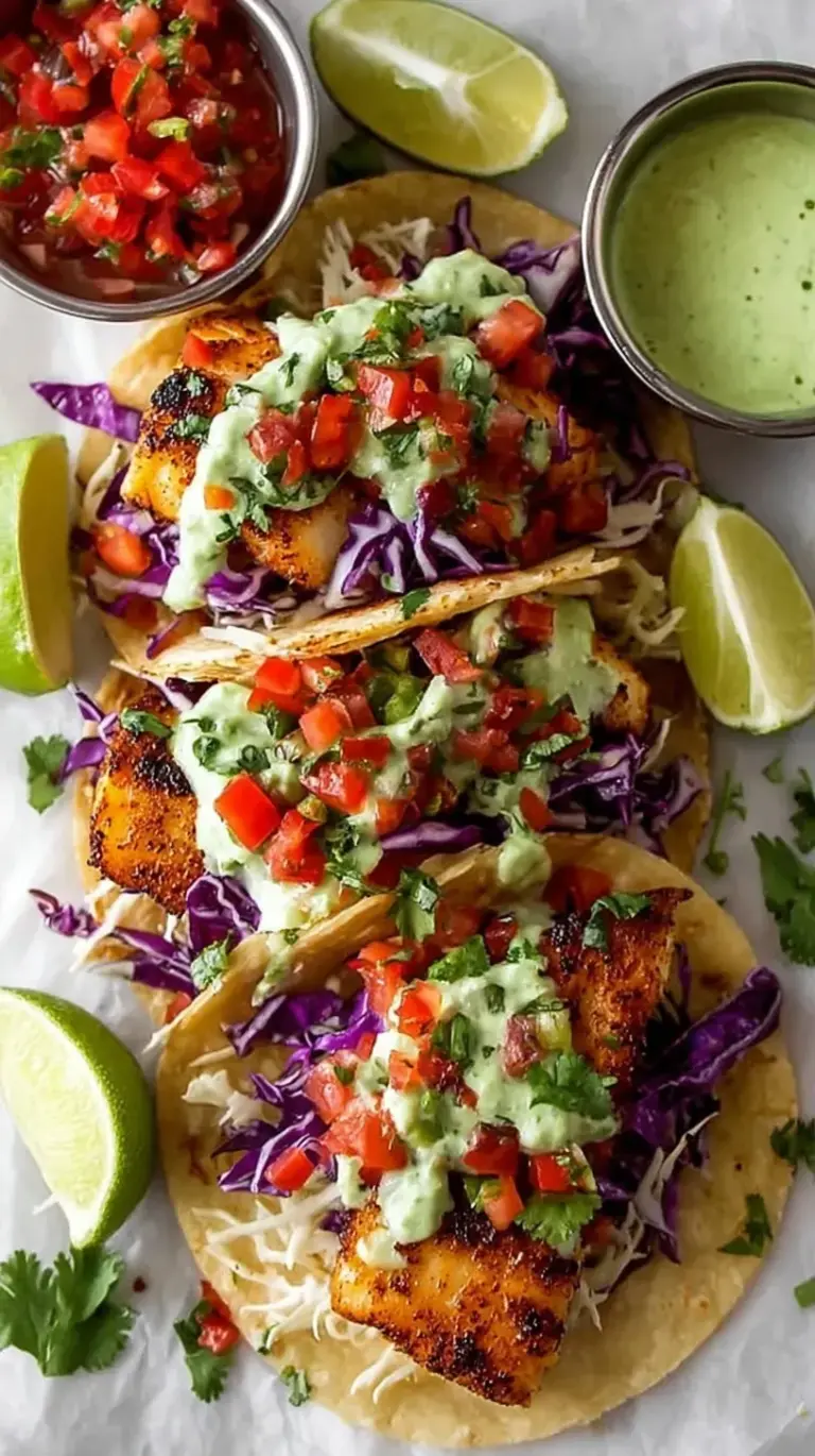 Two crispy fish tacos on corn tortillas with shredded cabbage and white crema drizzle