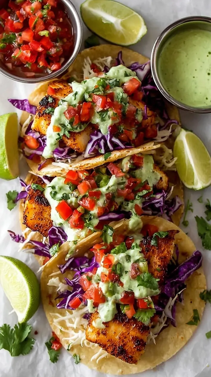 Two crispy fish tacos on corn tortillas with shredded cabbage and white crema drizzle