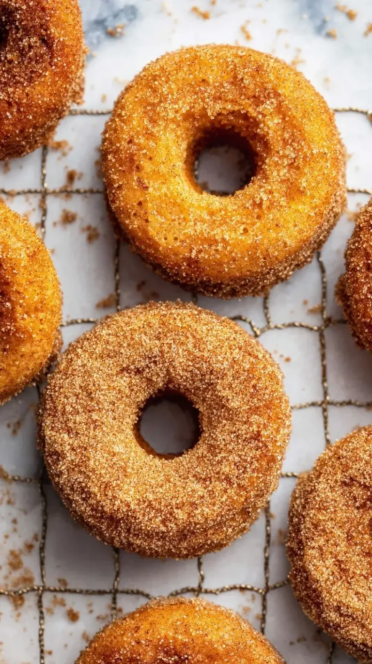 A stack of golden baked apple cider donuts coated in cinnamon sugar on a wire rack