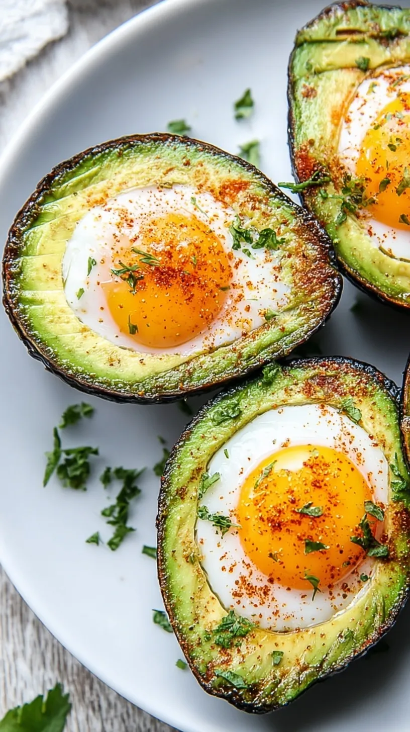 Two halved avocados with baked eggs inside, garnished with fresh chives on a white plate.