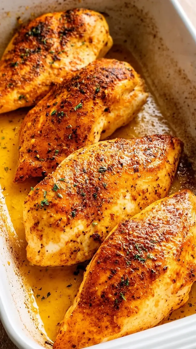 A platter of sliced, seasoned golden brown baked chicken breasts resting in a glass baking dish.