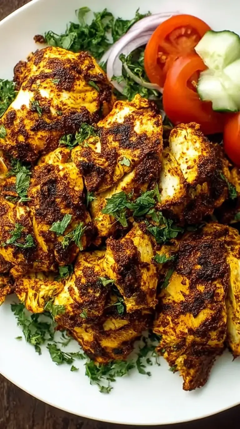 Golden brown baked chicken shawarma strips on a parchment-lined baking sheet with a side of white garlic sauce.