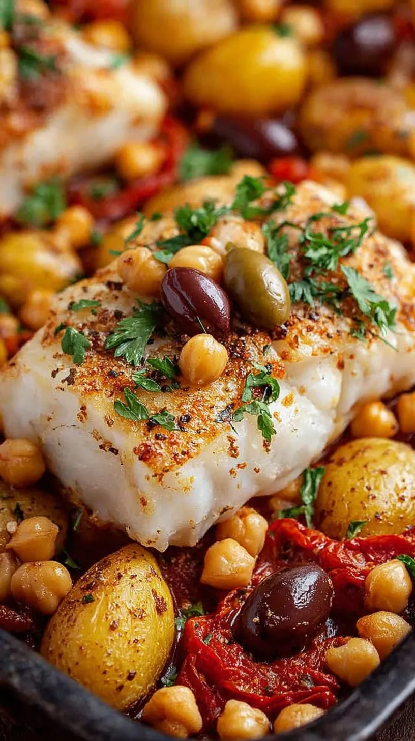 Flaky baked cod fillets on a sheet pan with roasted potatoes, chickpeas, and lemon slices.