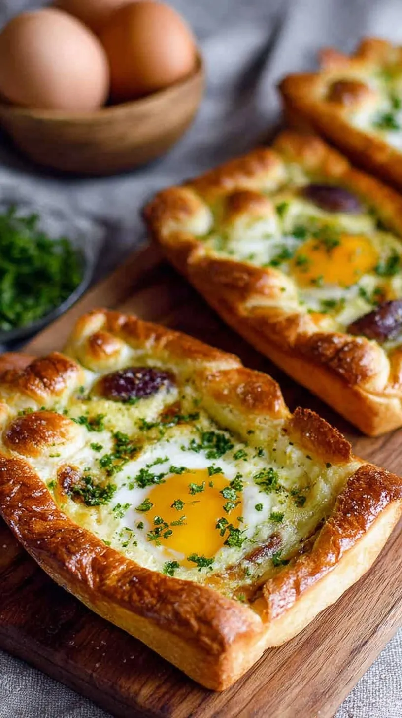 Golden brown baked egg boats filled with melted cheese, bacon, and chives in a hollowed baguette.
