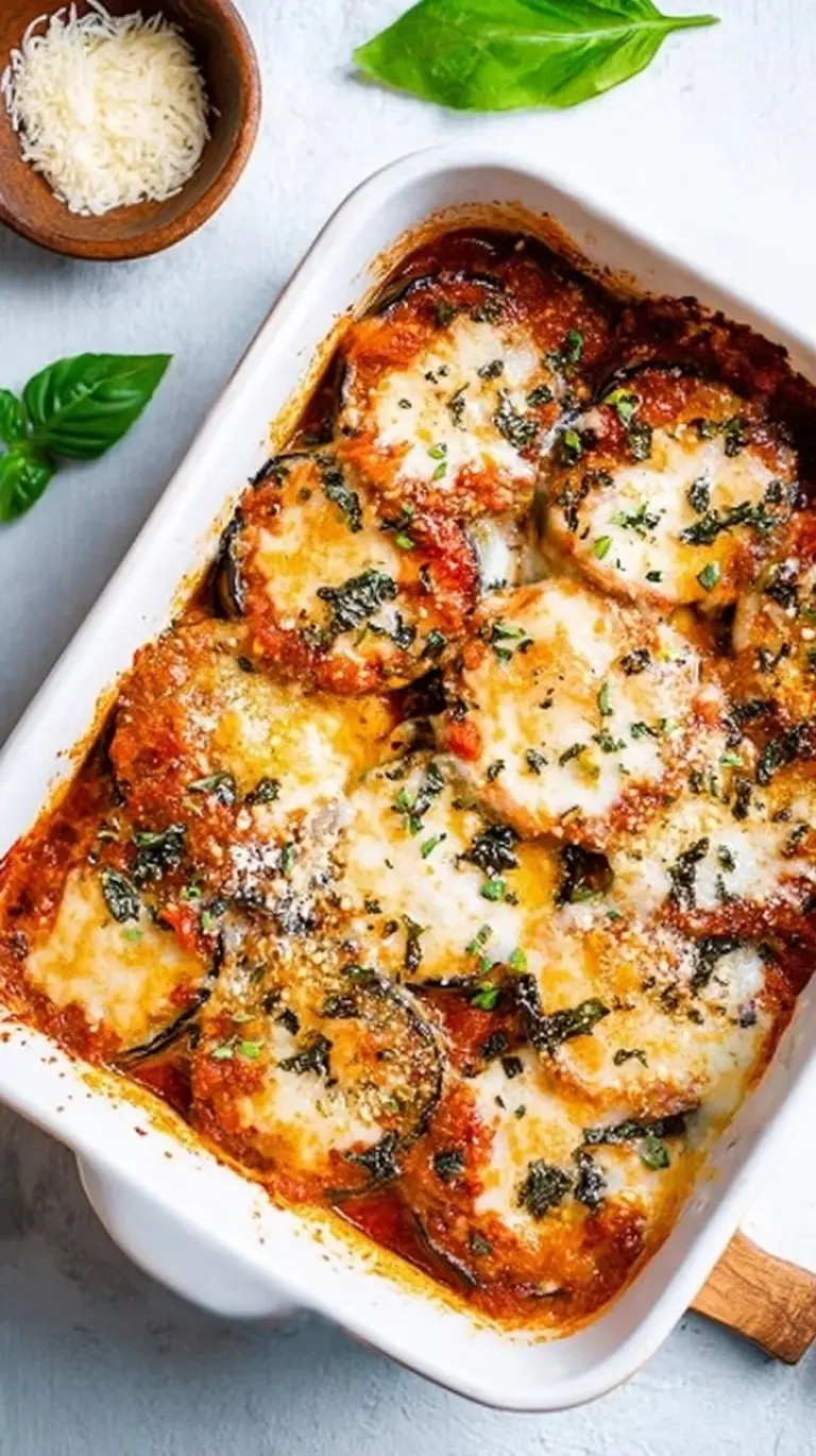 Golden brown baked eggplant slices layered with bubbling mozzarella and fresh basil in a ceramic baking dish.