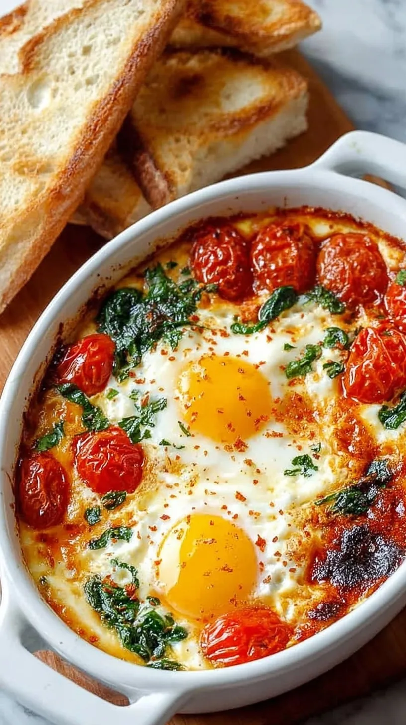 A skillet of baked eggs with melted feta, roasted cherry tomatoes, and wilted spinach.