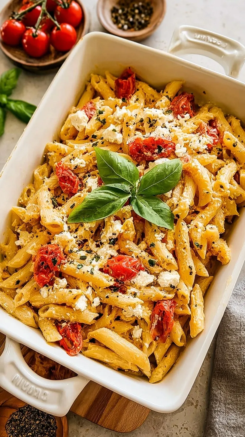 A creamy dish of baked feta pasta with burst cherry tomatoes and fresh basil