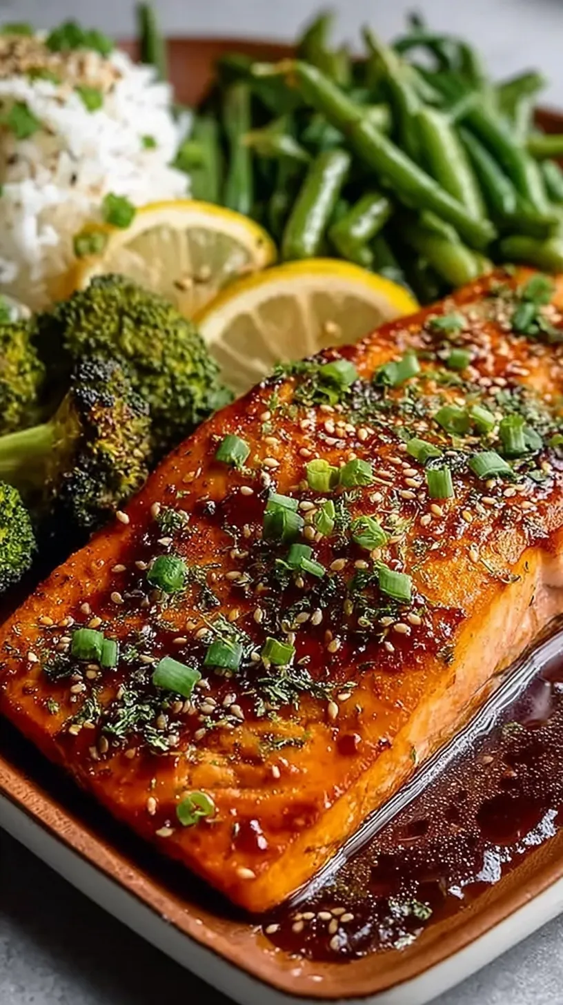 Golden baked miso salmon fillet garnished with green scallions on a parchment-lined tray.