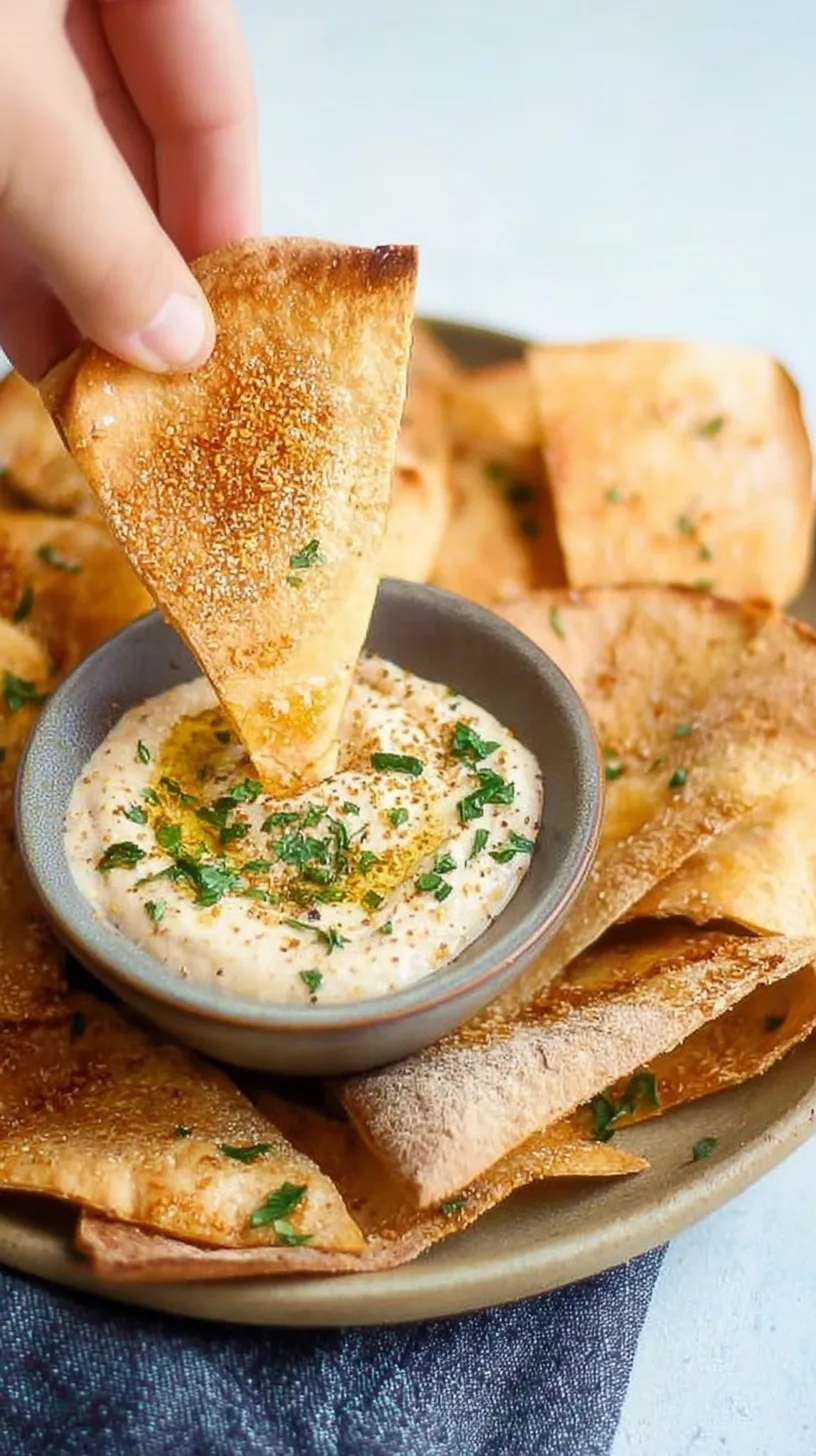 Golden brown baked pita chips seasoned with herbs on a parchment-lined baking sheet
