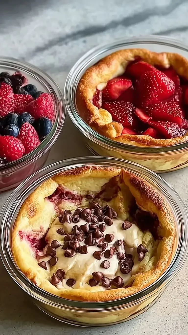 Six golden-brown baked protein pancake bowls topped with fresh blueberries in ramekins on a wooden board.