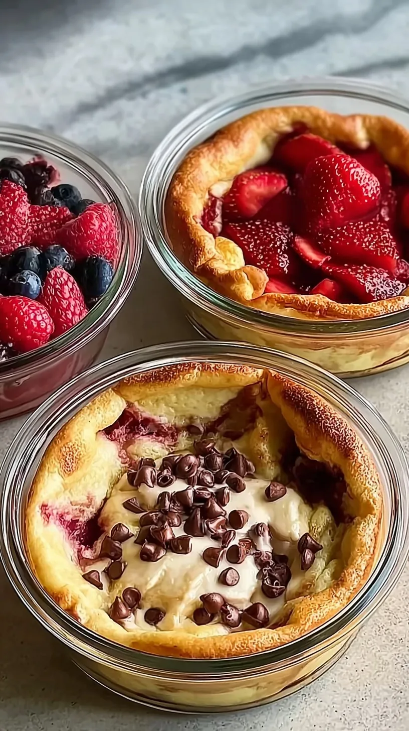 Six golden-brown baked protein pancake bowls topped with fresh blueberries in ramekins on a wooden board.