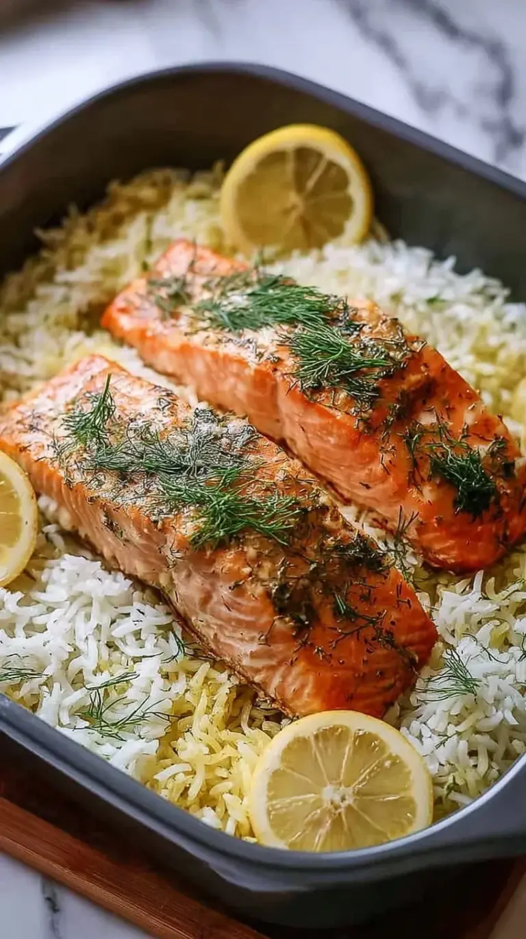 Oven-baked salmon fillets served over a bed of fluffy green dill-infused basmati rice with lemon slices.
