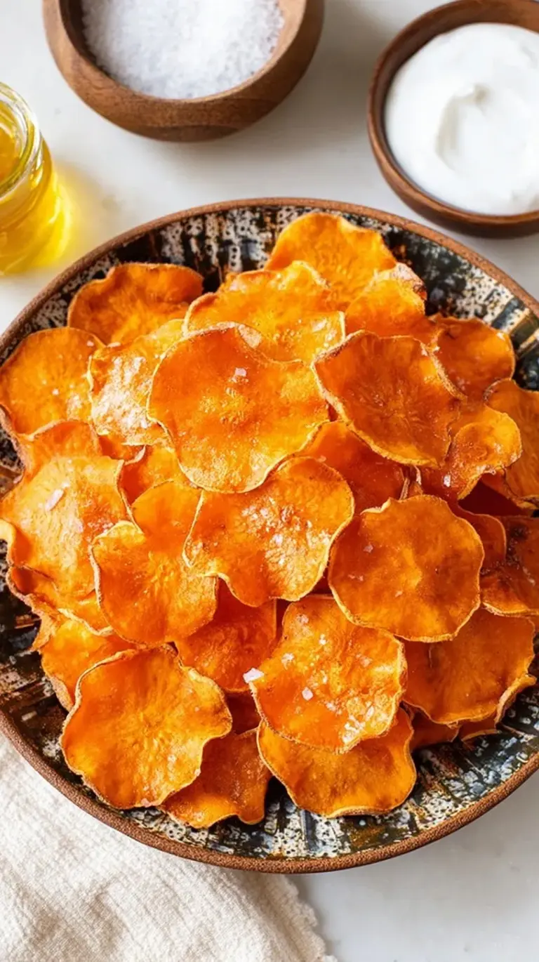 A tray of golden, thin, crispy baked sweet potato chips seasoned with smoked paprika and sea salt.