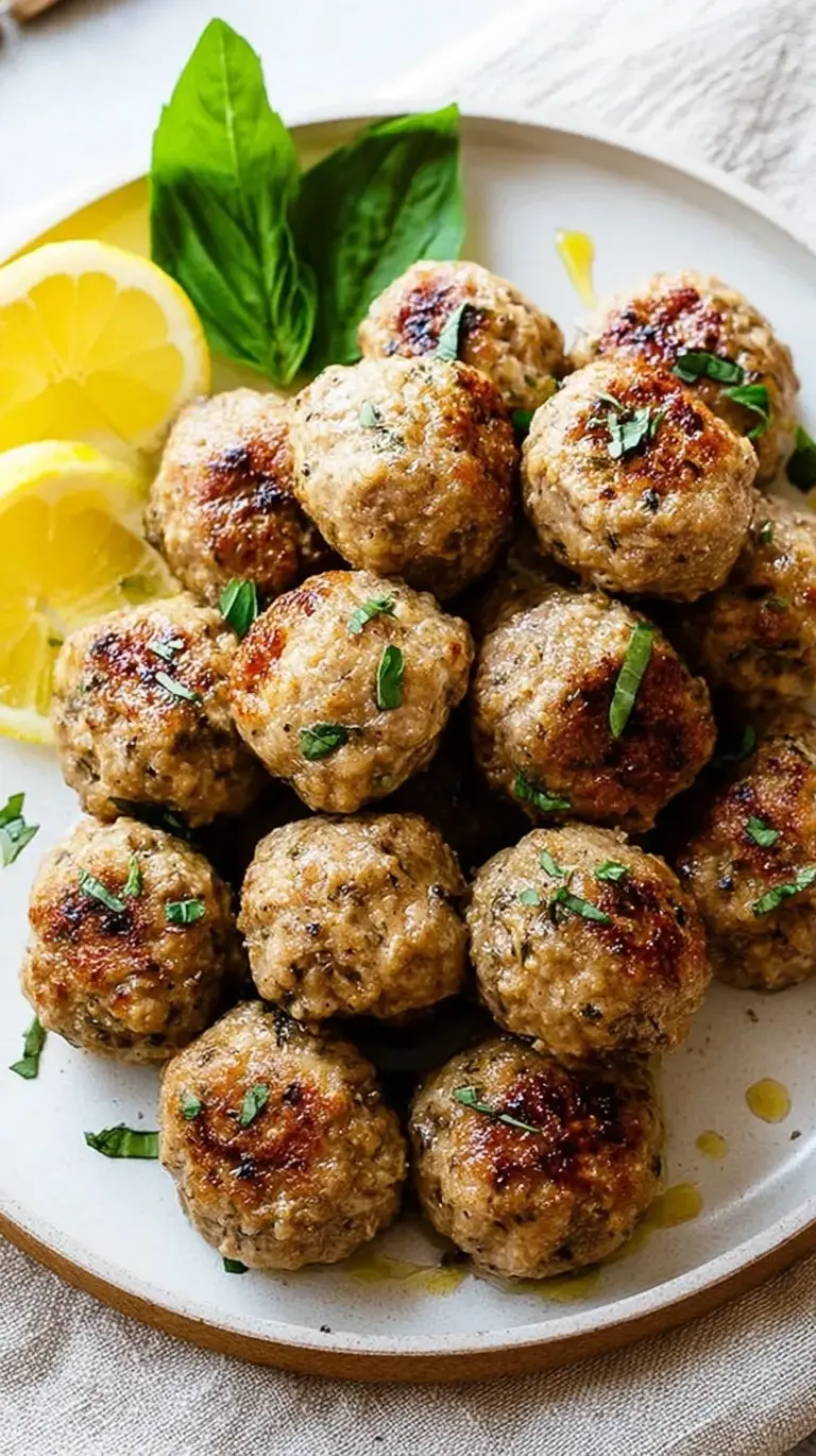 A baking sheet filled with golden brown baked turkey meatballs seasoned with herbs.
