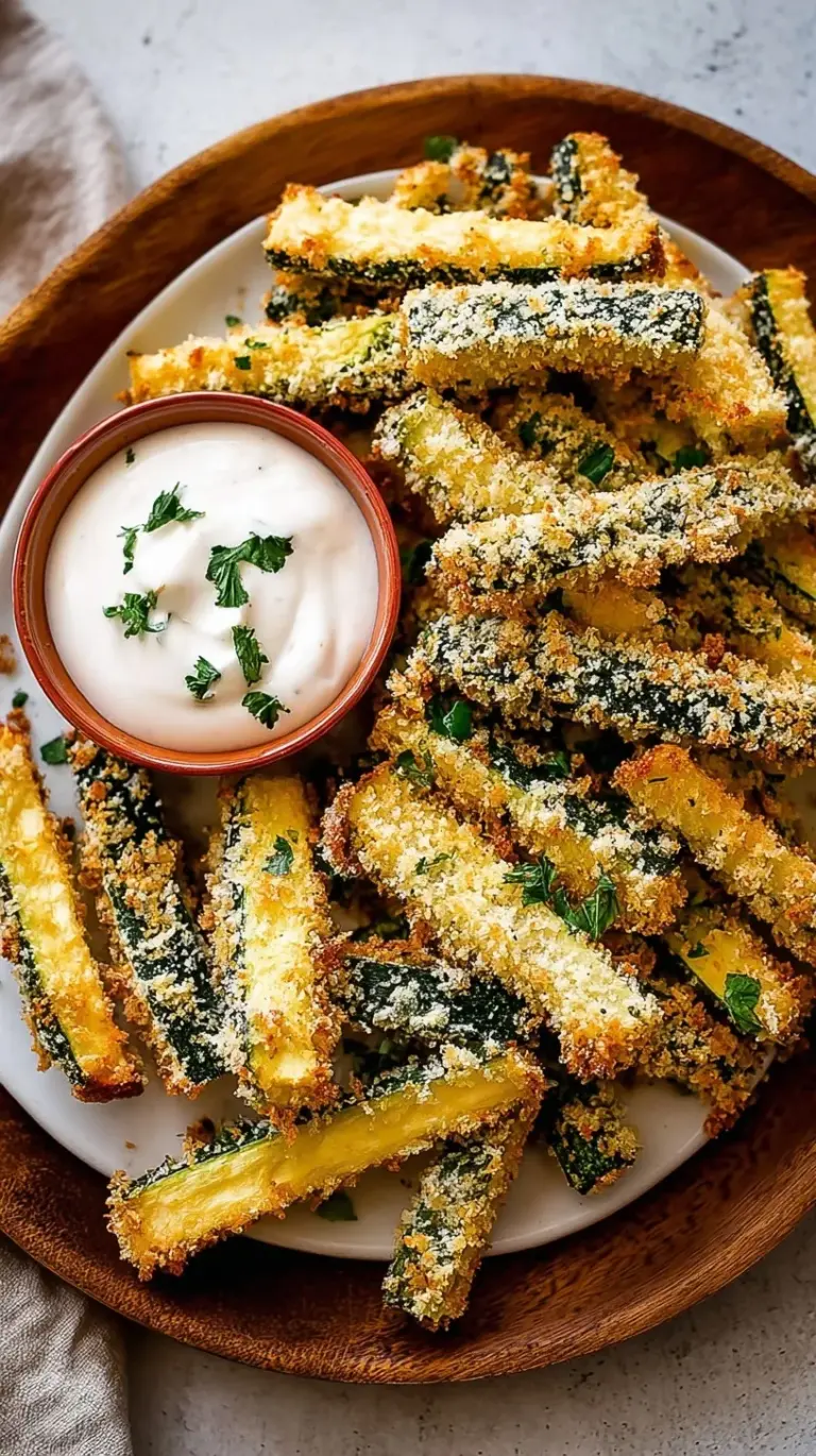 Golden brown baked zucchini fries arranged on a baking sheet with a side of dipping sauce.