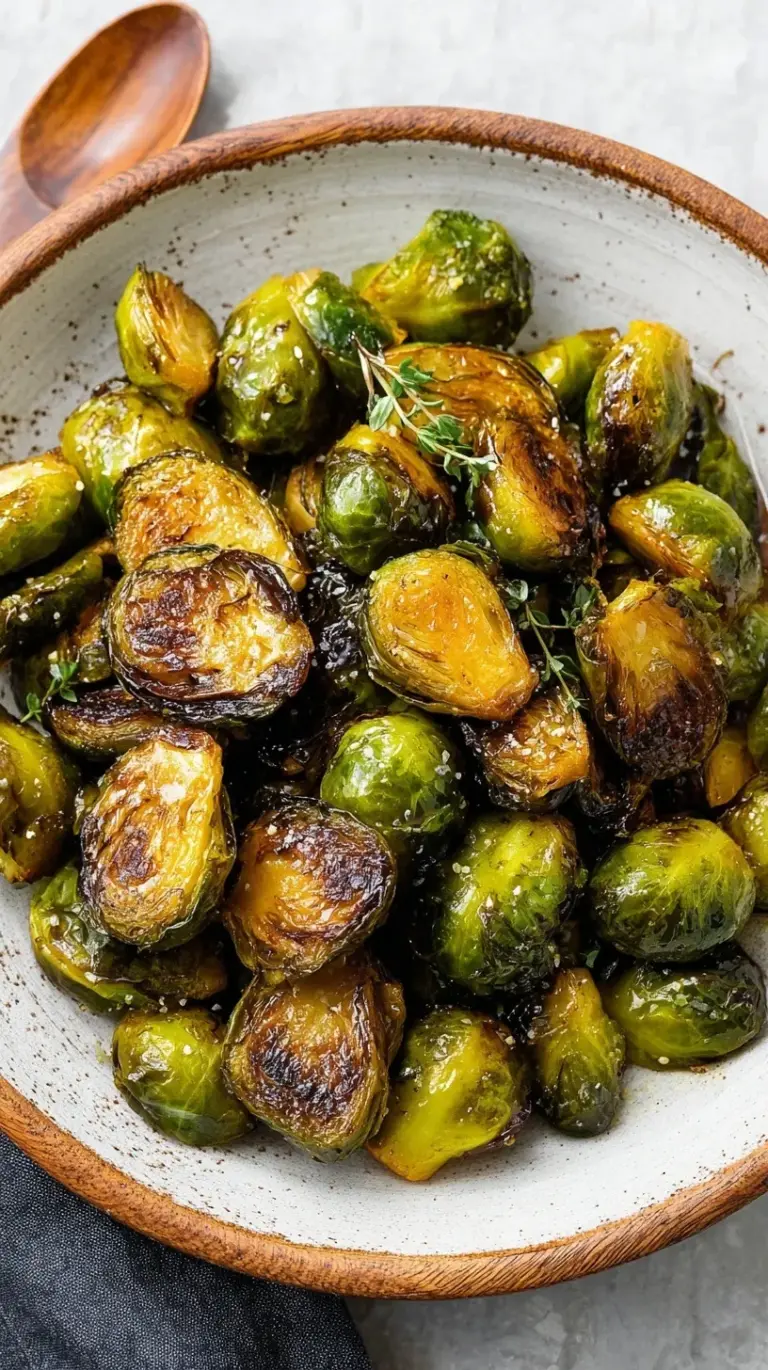 A tray of charred balsamic roasted brussels sprouts with a glossy glaze and golden edges.