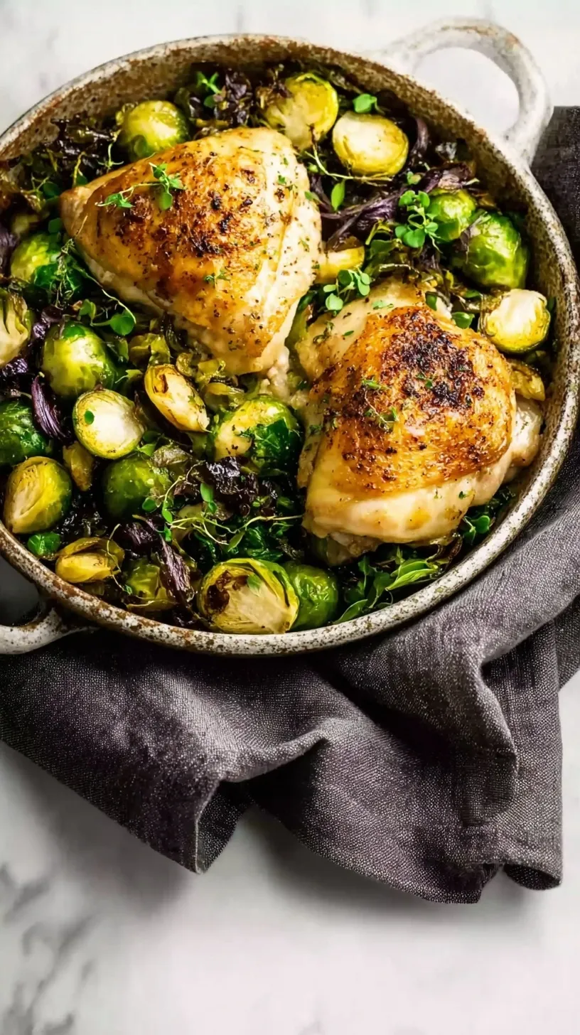 Golden balsamic roasted chicken thighs and charred Brussels sprouts on a sheet pan.