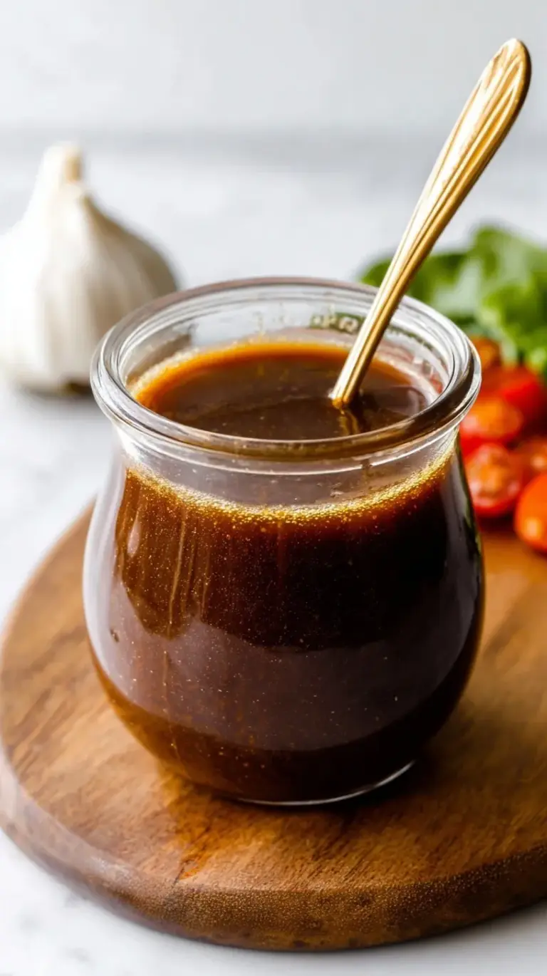 A glass jar filled with creamy balsamic vinaigrette next to fresh salad greens.