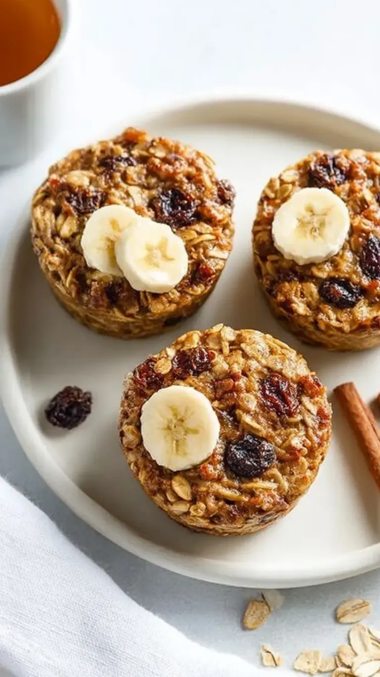 A tray of golden brown banana baked oatmeal cups with chocolate chips on a cooling rack.