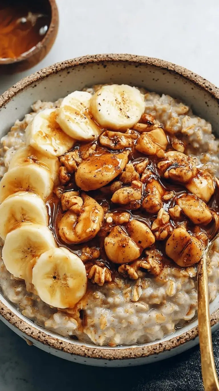 A steaming bowl of creamy banana bread oatmeal topped with toasted walnuts and cinnamon.