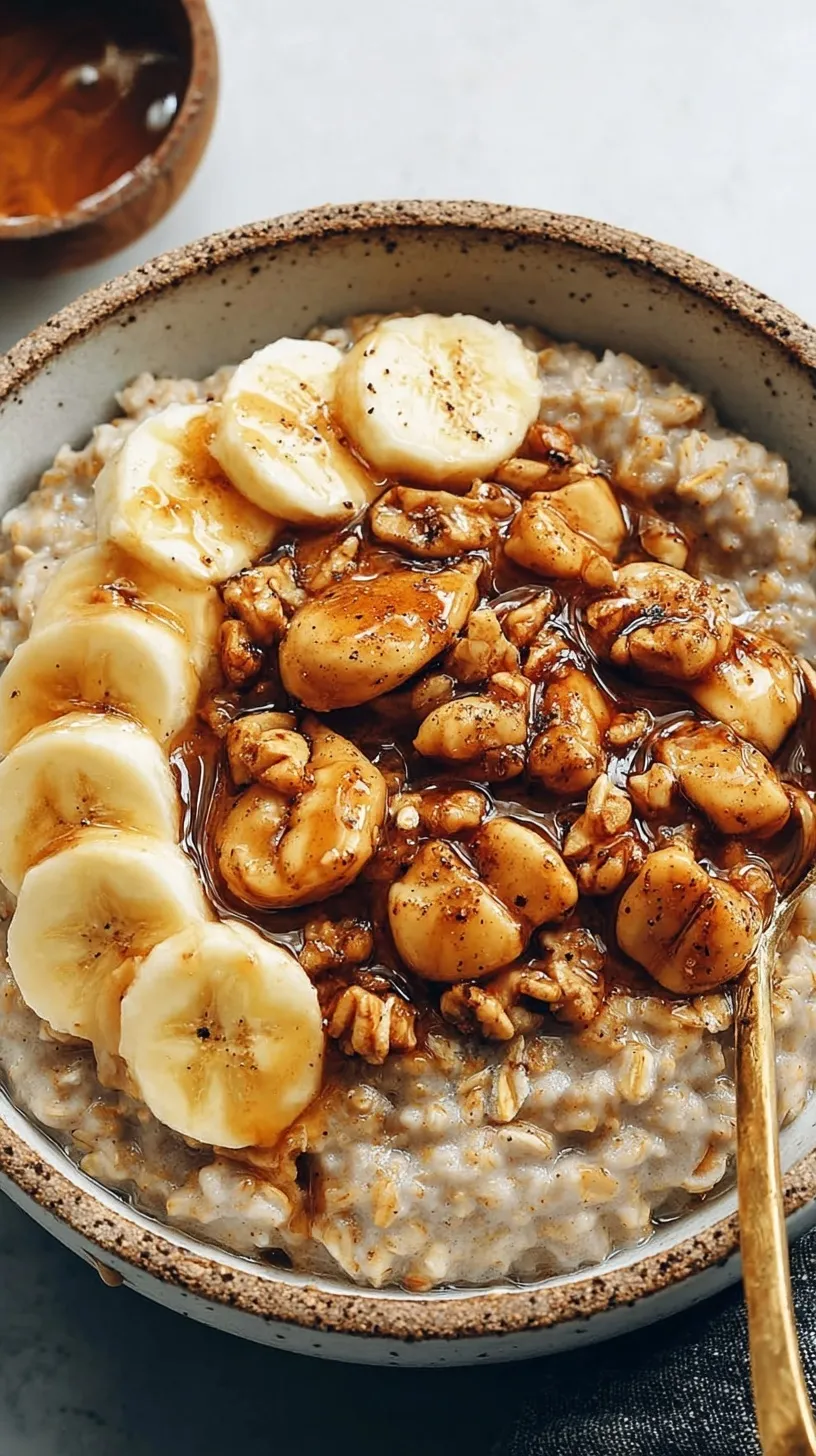 A steaming bowl of creamy banana bread oatmeal topped with toasted walnuts and cinnamon.