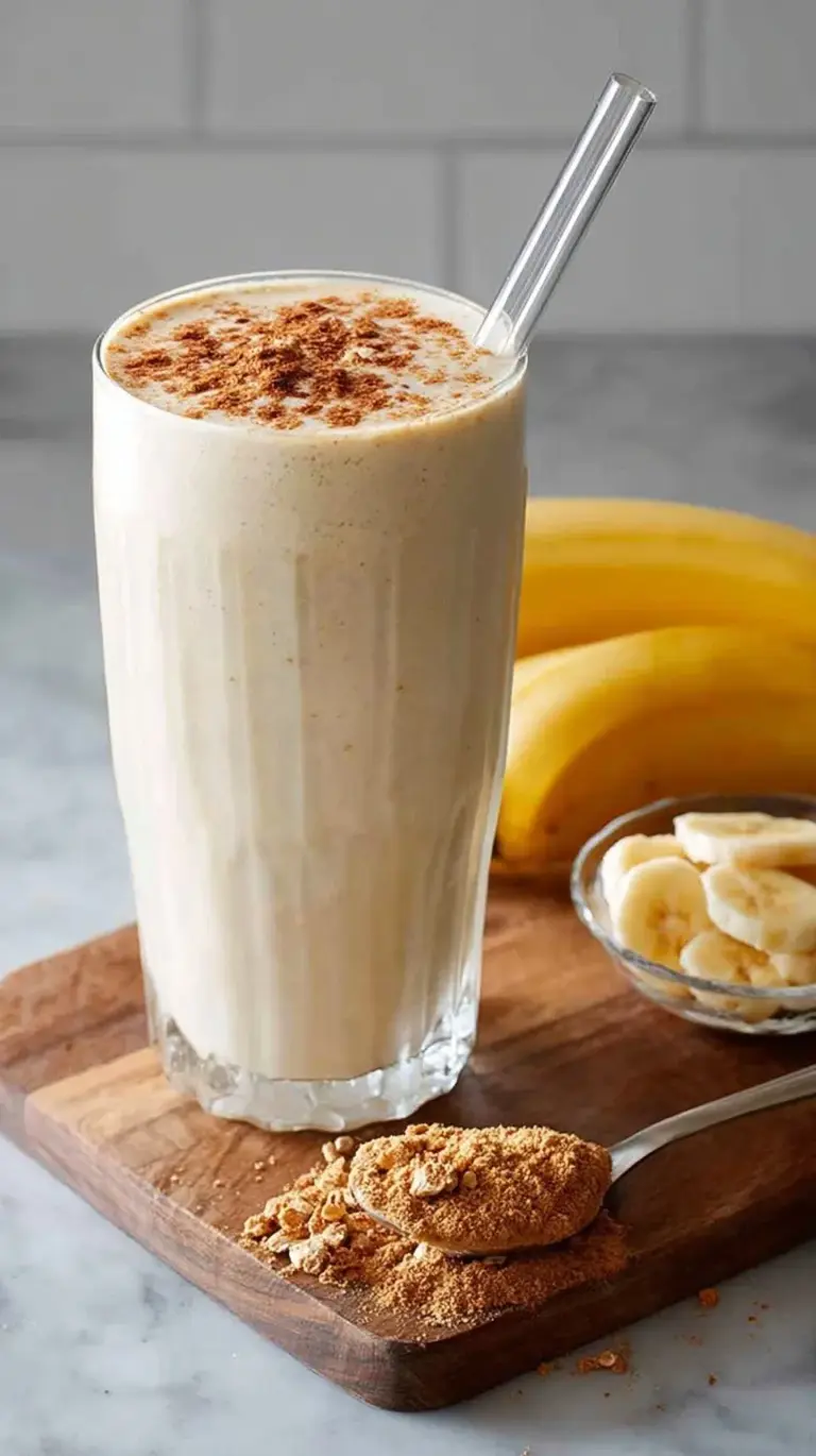 A creamy banana bread protein shake in a glass topped with cinnamon and oats.
