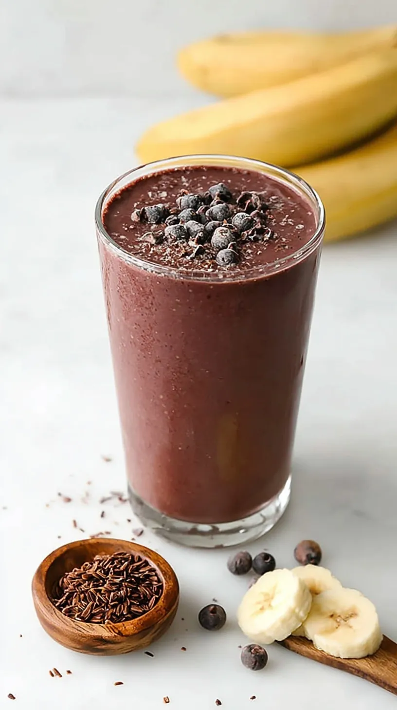 A creamy chocolate banana cacao smoothie in a tall glass with a straw.