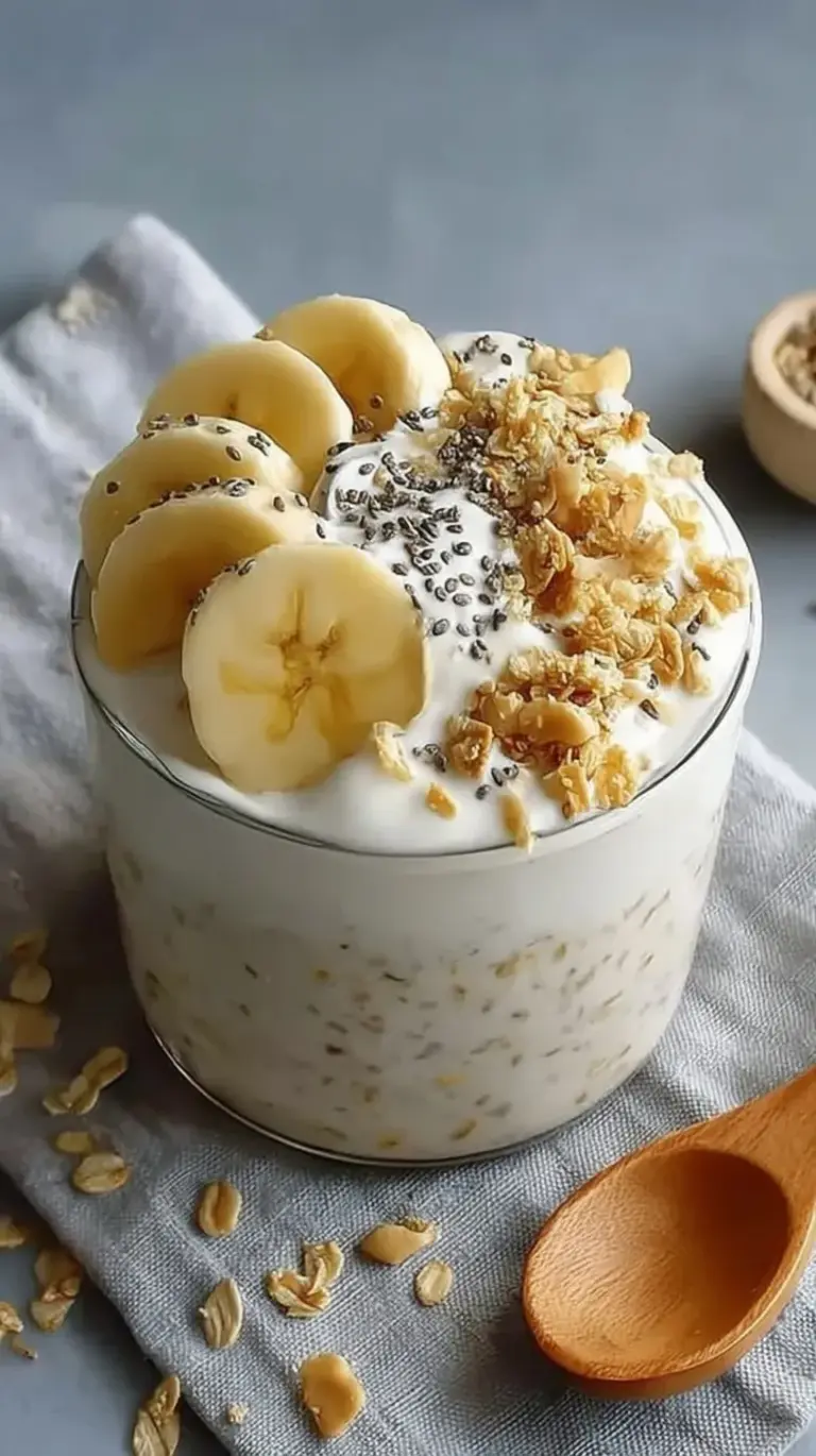 A glass jar filled with creamy banana cream pie overnight oats topped with fresh banana slices and graham cracker crumbs.