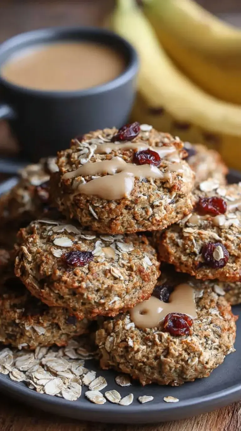 A batch of golden banana oatmeal high protein breakfast cookies on a cooling rack with dark chocolate chips