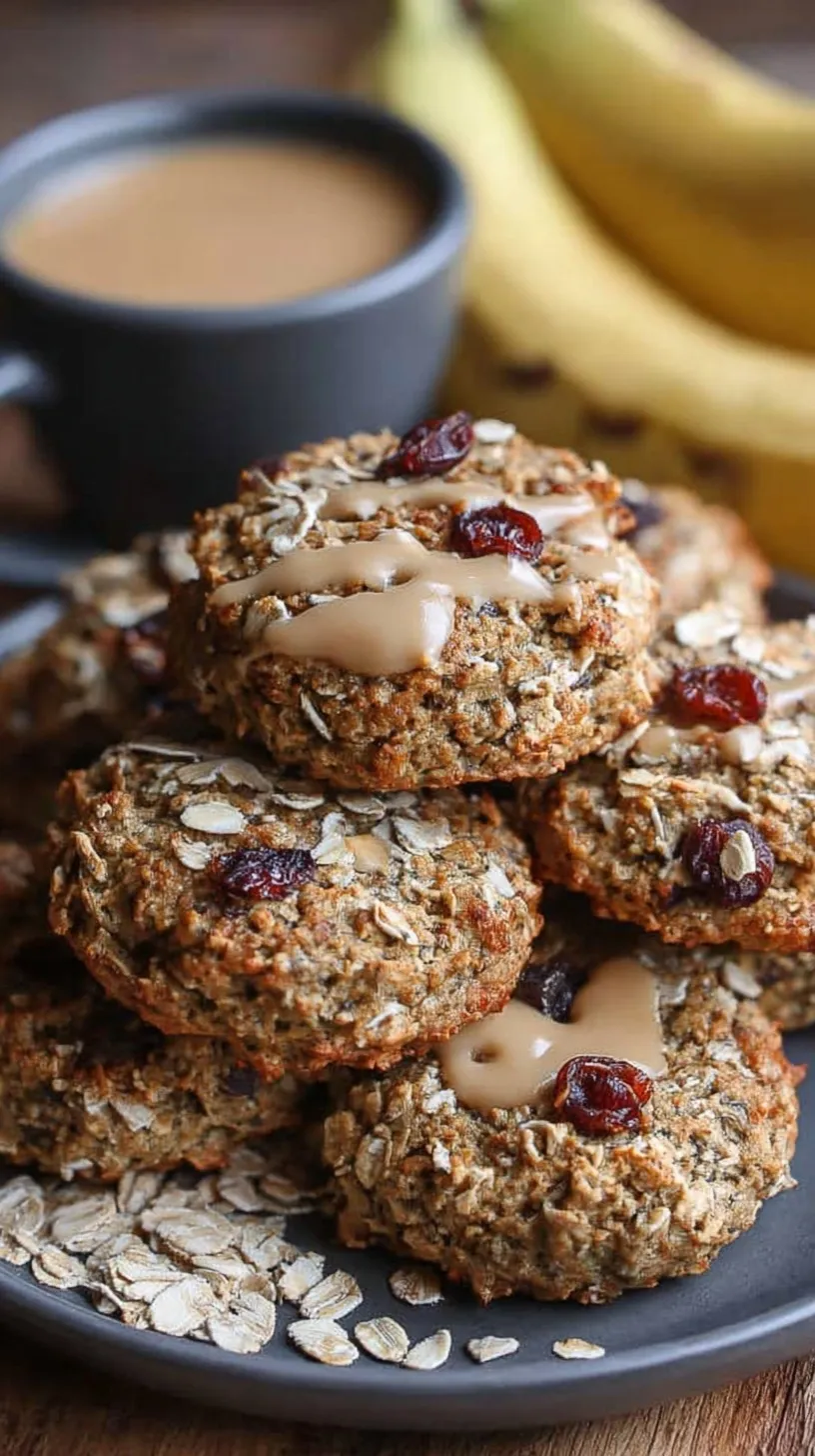 A batch of golden banana oatmeal high protein breakfast cookies on a cooling rack with dark chocolate chips