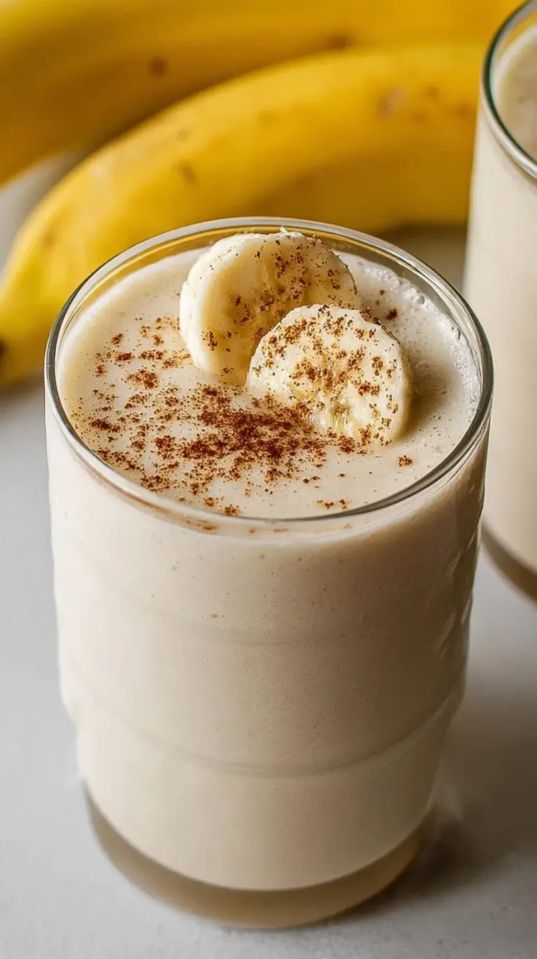 A tall glass of creamy banana smoothie with a straw on a bright kitchen counter