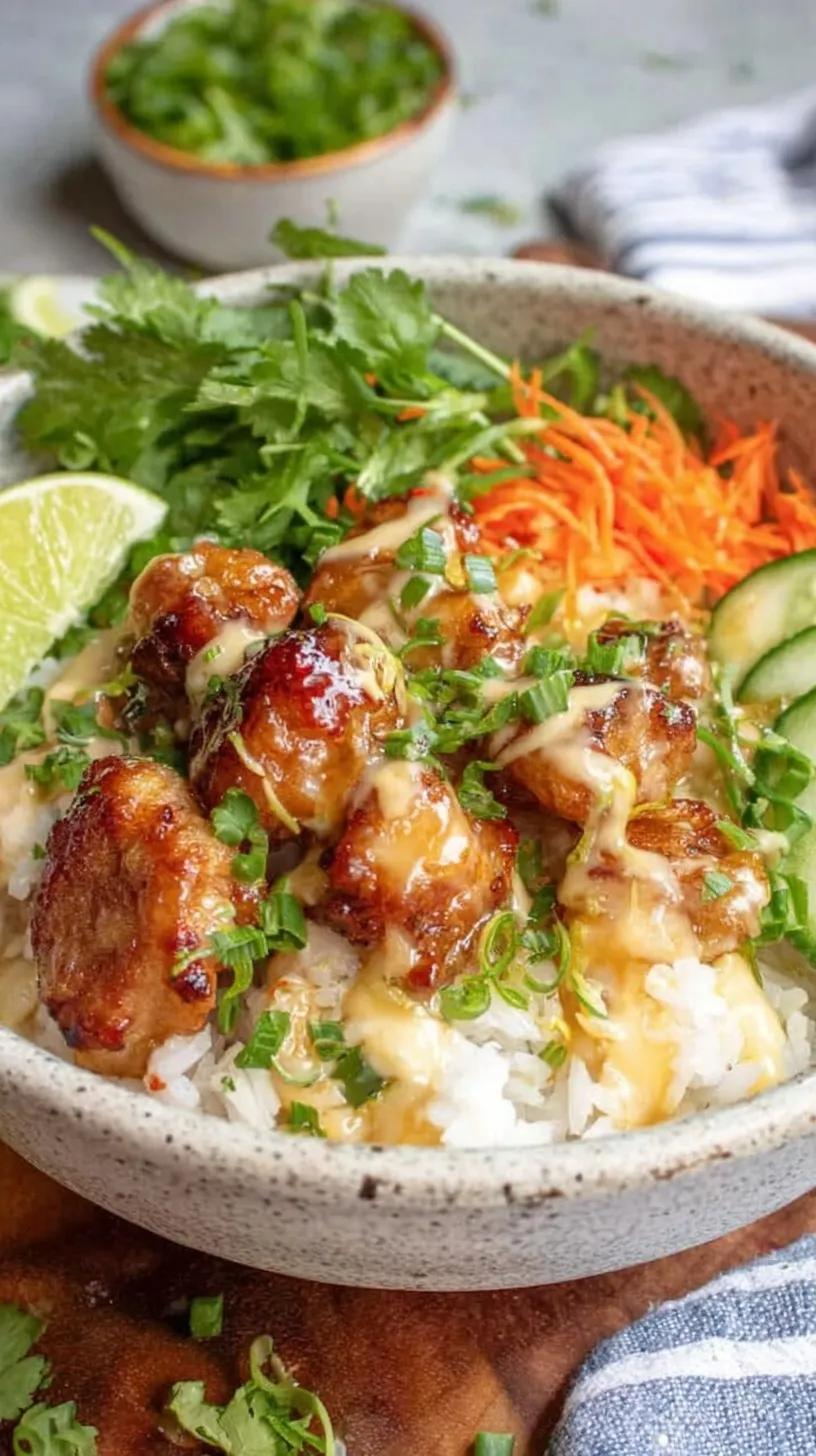 A vibrant Bang Bang Chicken Rice Bowl with crispy chicken, shredded carrots, sliced cucumbers, and edamame over jasmine rice.