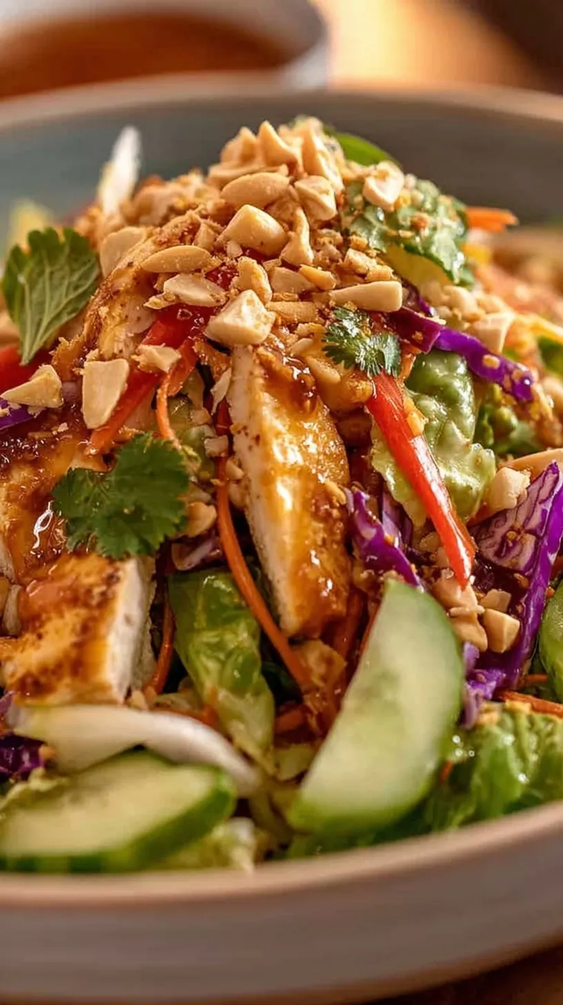 Shredded chicken and julienned cucumber topped with spicy sesame sauce and cilantro on a white plate.
