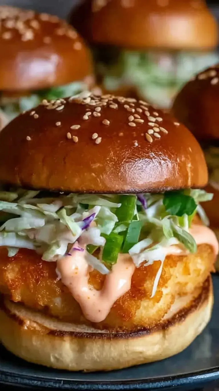 Crispy fried chicken sliders topped with creamy sauce and fresh cabbage slaw on a wooden board.