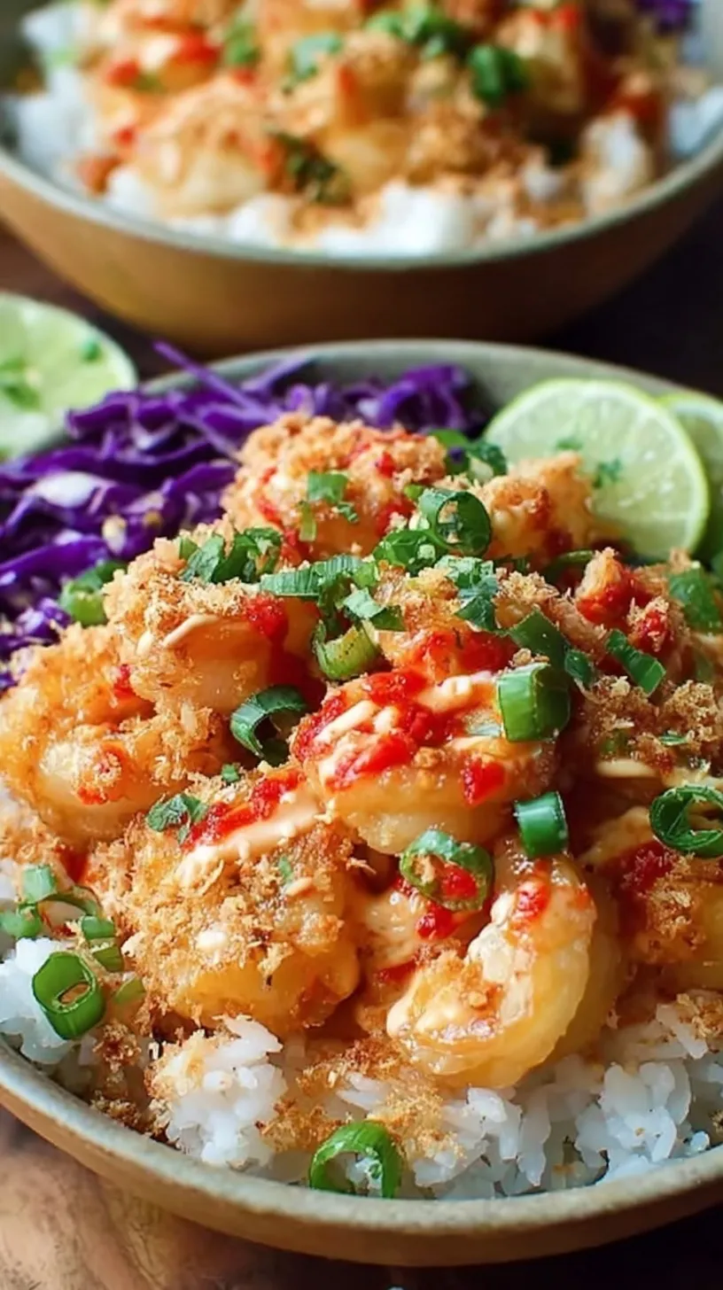 Crispy bang bang shrimp over jasmine rice with shredded red cabbage and green onions in a white bowl.