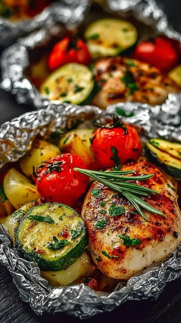 Individual foil packets on a grill filled with BBQ chicken, zucchini, and colorful bell peppers.